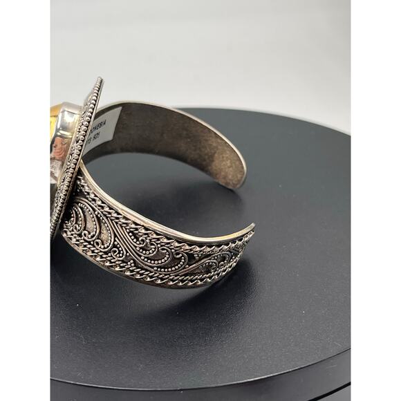Indonesia Sterling Silver 925 Filigree Large Oval Gold Drusy Cuff Bracelet 41.5g - Picture 7 of 9